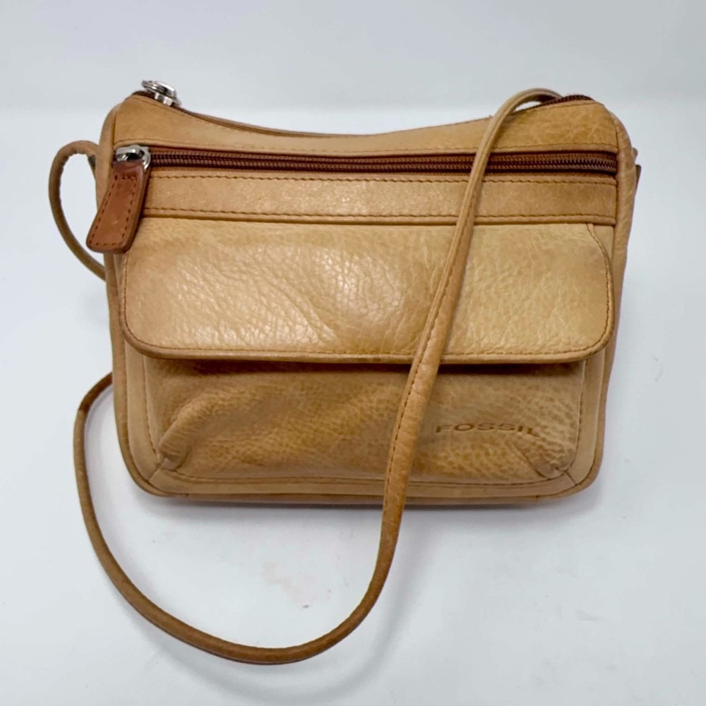 VTG Fossil Leather Crossbody Bag Tan Brown Pebbled Leather Flap Front Pocket Y2K